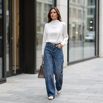 Pantalones Vaqueros Mujer Anchos Detalles Brillantes