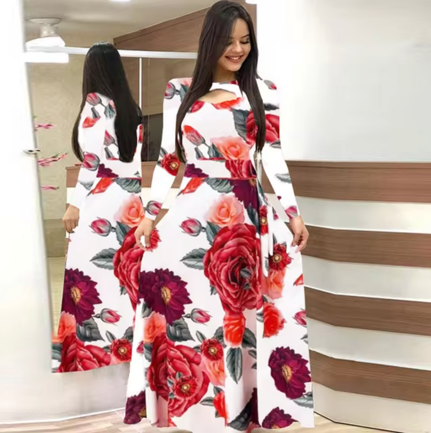 Vestido maxi mujer de manga larga con estampado floral