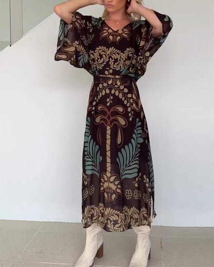 Vestido maxi mujer fluido estampado hojas estilo bohemio