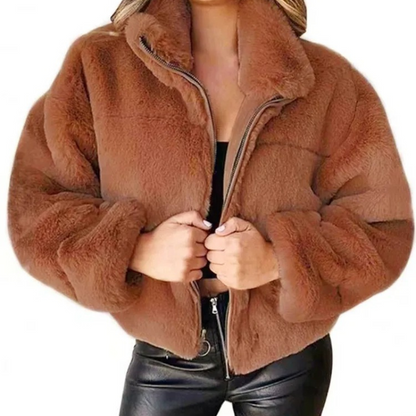 Chaqueta corta mujer teddy con cremallera y cuello alto