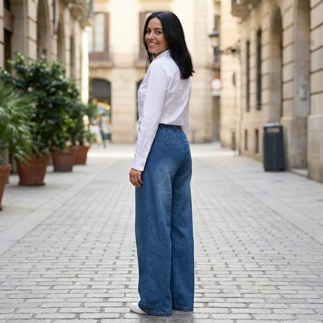 Pantalones Vaqueros Mujer Cintura con Cordón Pierna Ancha
