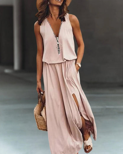 Vestido Mujer Suelto Escote en V Cremallera Decorativa