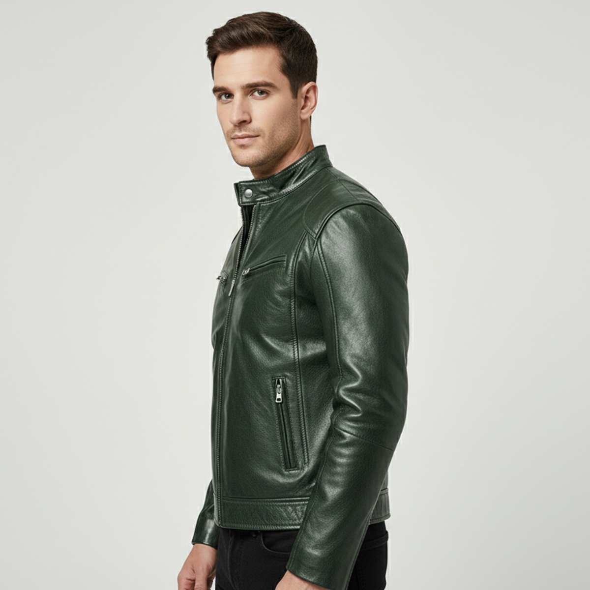Chaqueta Hombre Cuero Sintético Cuello Alto Puños Ajustables