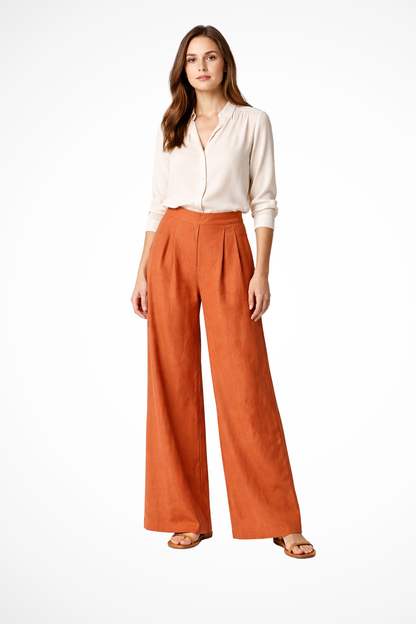 Pantalones Mujer Pata Ancha Pliegues Frontales Cintura Alta
