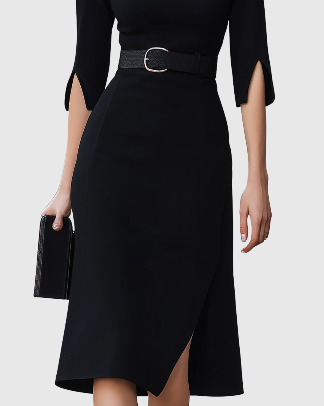 Vestido midi mujer con mangas tres cuartos y cintura definida