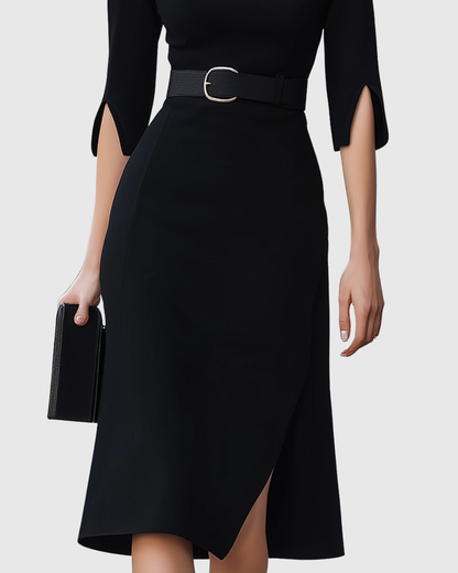Vestido midi mujer con mangas tres cuartos y cintura definida