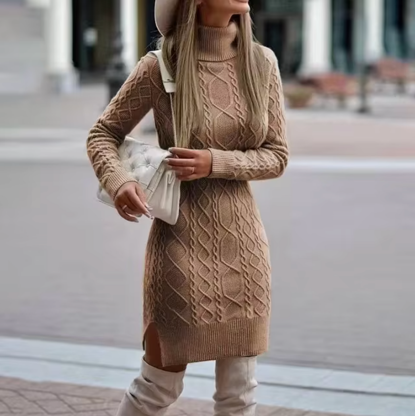 Vestido Mujer de Plumeti con Cuello Alto Ajustado