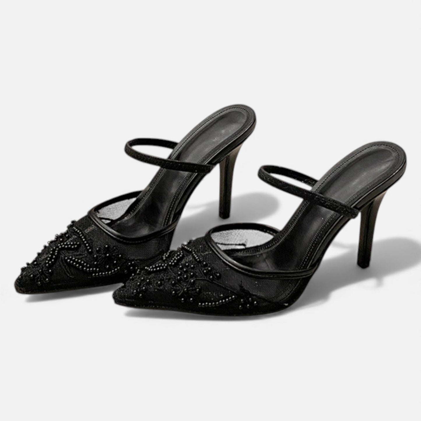 Zapatos Tacón Aguja Mujer Malla Bordada Punta Fina Correa
