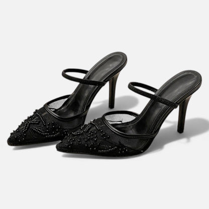 Zapatos Tacón Aguja Mujer Malla Bordada Punta Fina Correa
