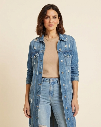 Chaqueta vaquera mujer larga con roturas estilo desgastado - Mavetta