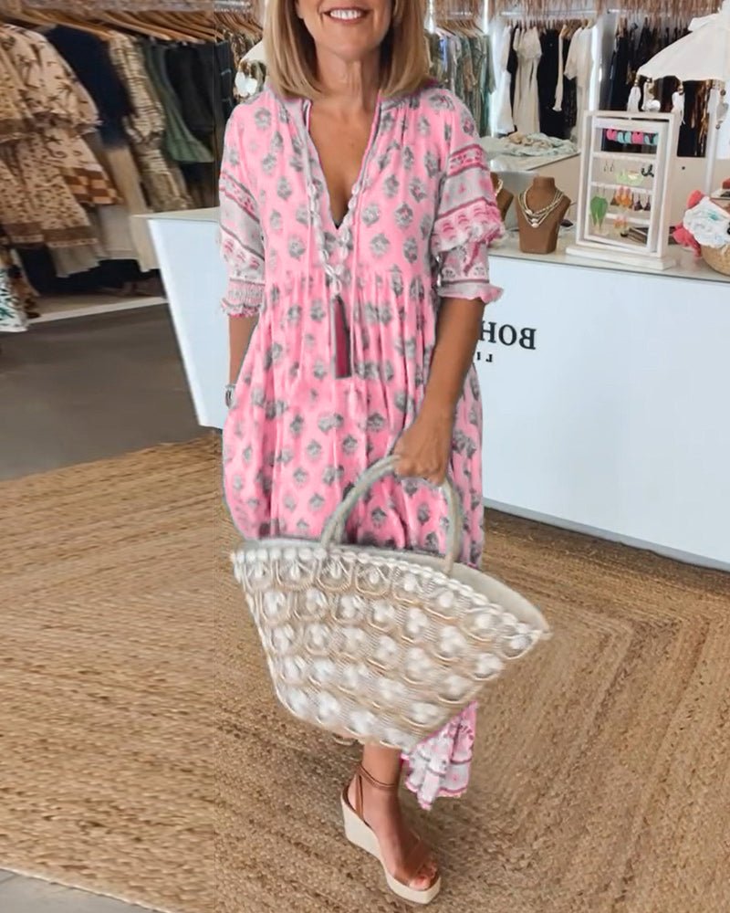 Vestido midi mujer de tejido ligero con lazos y flecos bohemio