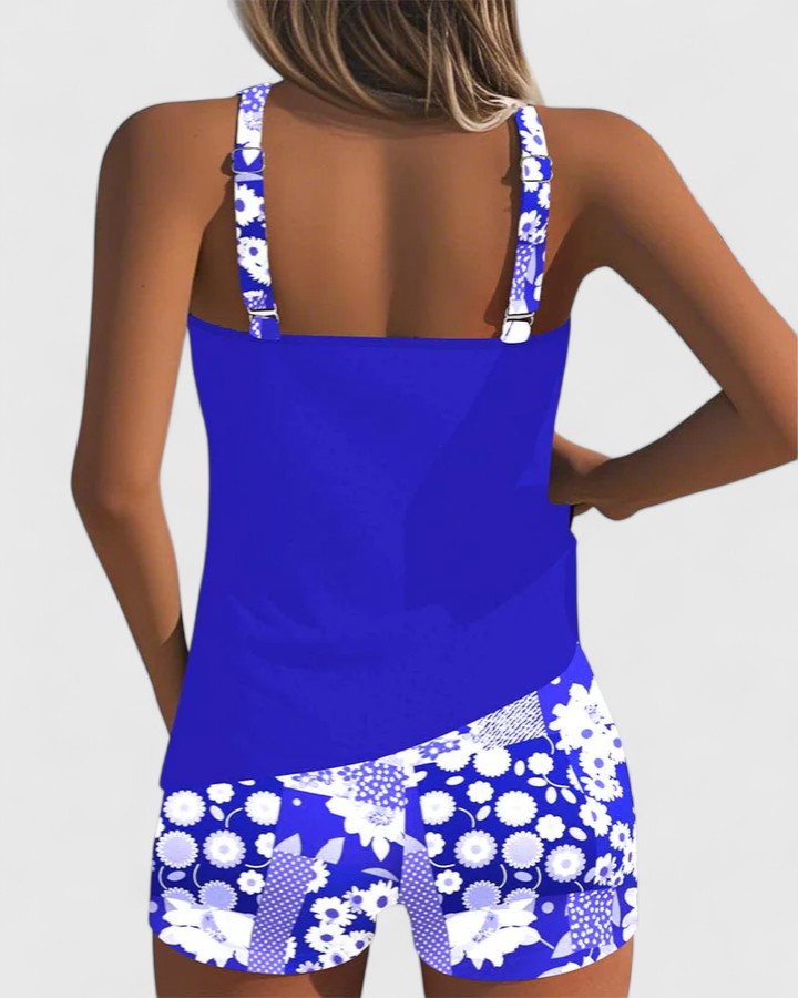 Tankini Mujer Dos Piezas Liso Espalda Nadadora Shorts Deportivos