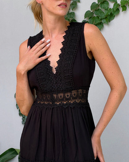 Vestido Mujer de Encaje con Escote en V Elegante