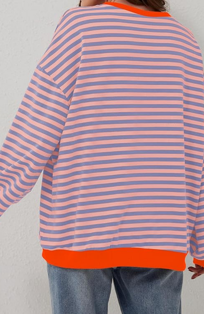 Suéter Mujer Oversize de Punto con Rayas y Cuello Redondo