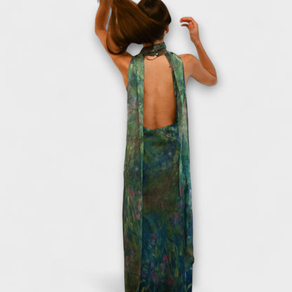 Vestido Maxi Mujer de Gasa Estampado Cuello Halter