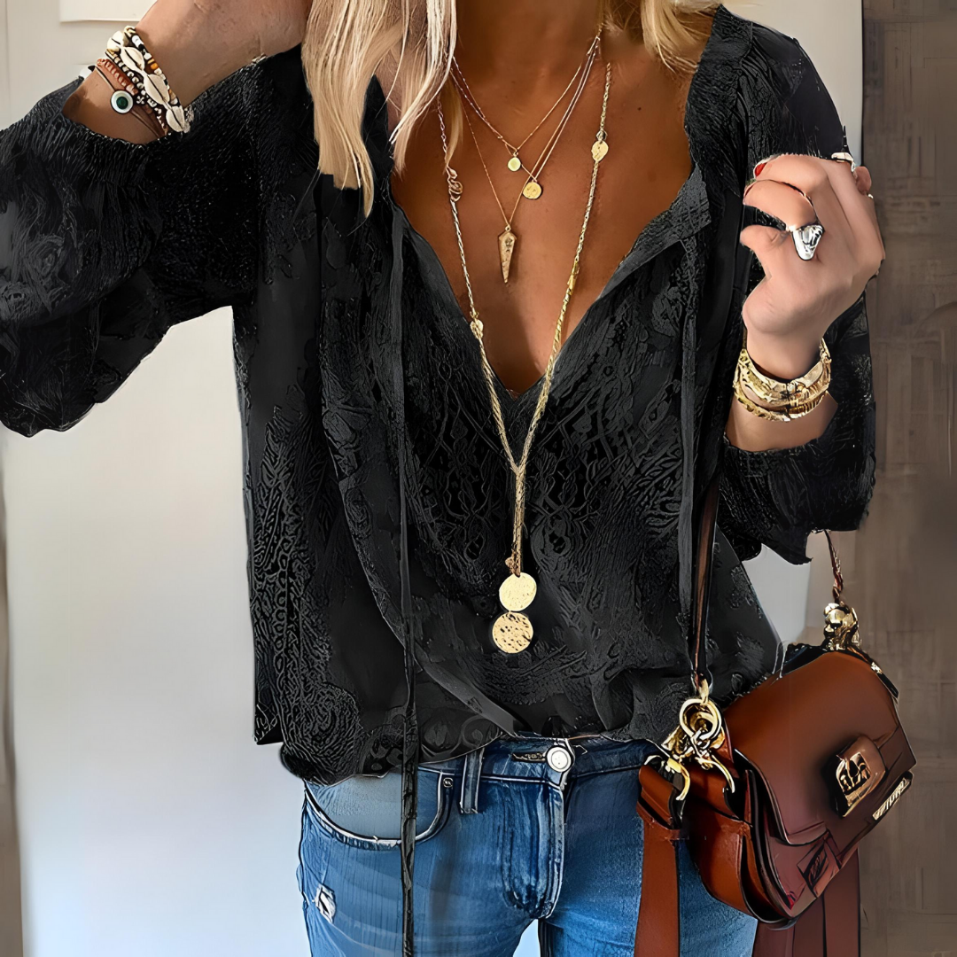 Blusa mujer de encaje con lazo al cuello elegante