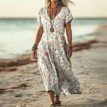 Vestido largo mujer vaporoso mangas cortas estampado - Mavetta