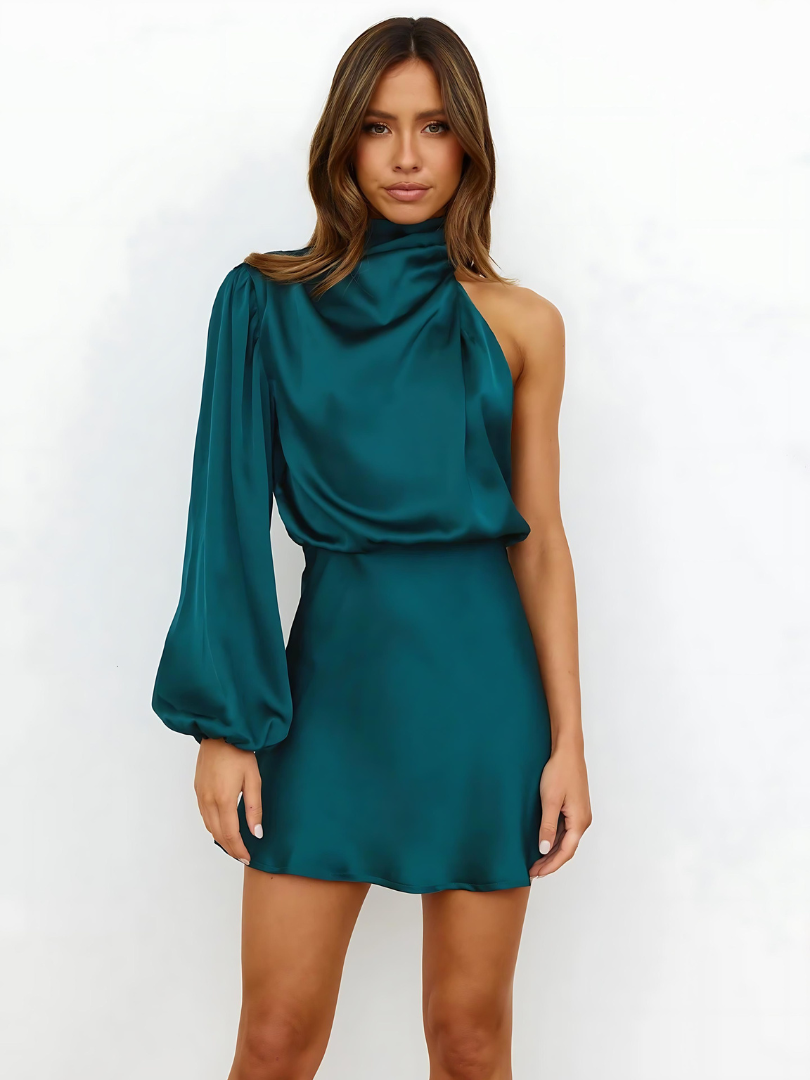 Vestido Mujer de Satén Manga Larga Cuello Alto Hombro Inclinado