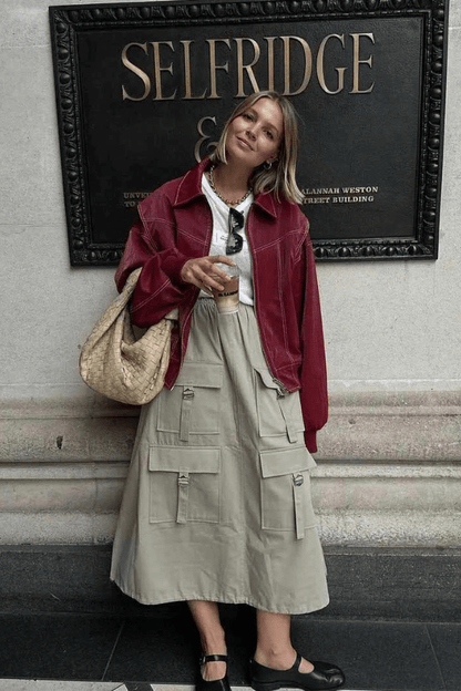 Cazadora Bomber Mujer Cuero Sintético Oversize Costuras Contrastadas