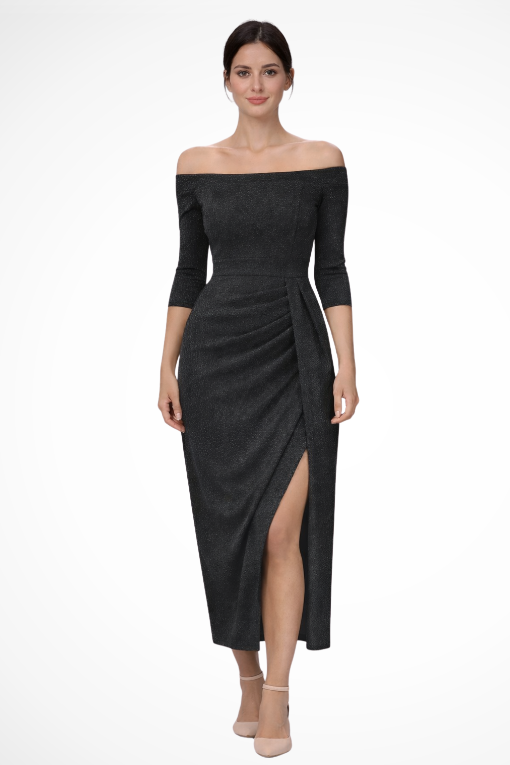 Vestido midi mujer hombros descubiertos fruncido abertura - Mavetta