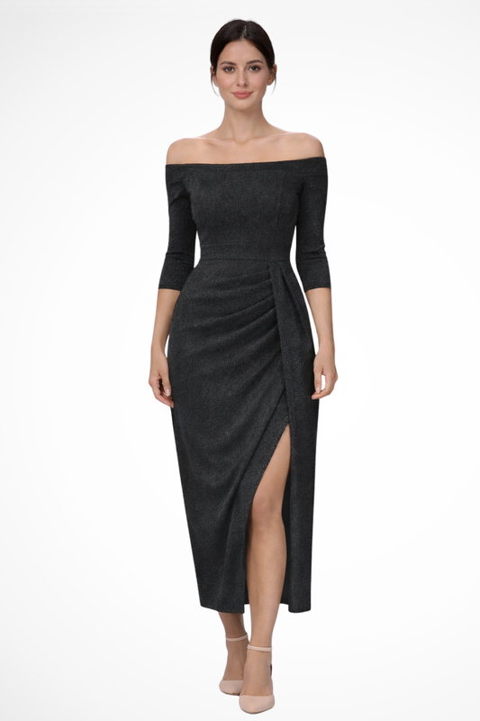 Vestido midi mujer hombros descubiertos fruncido abertura - Mavetta