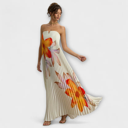 Vestido Largo Mujer Plisado Palabra de Honor con Corsé