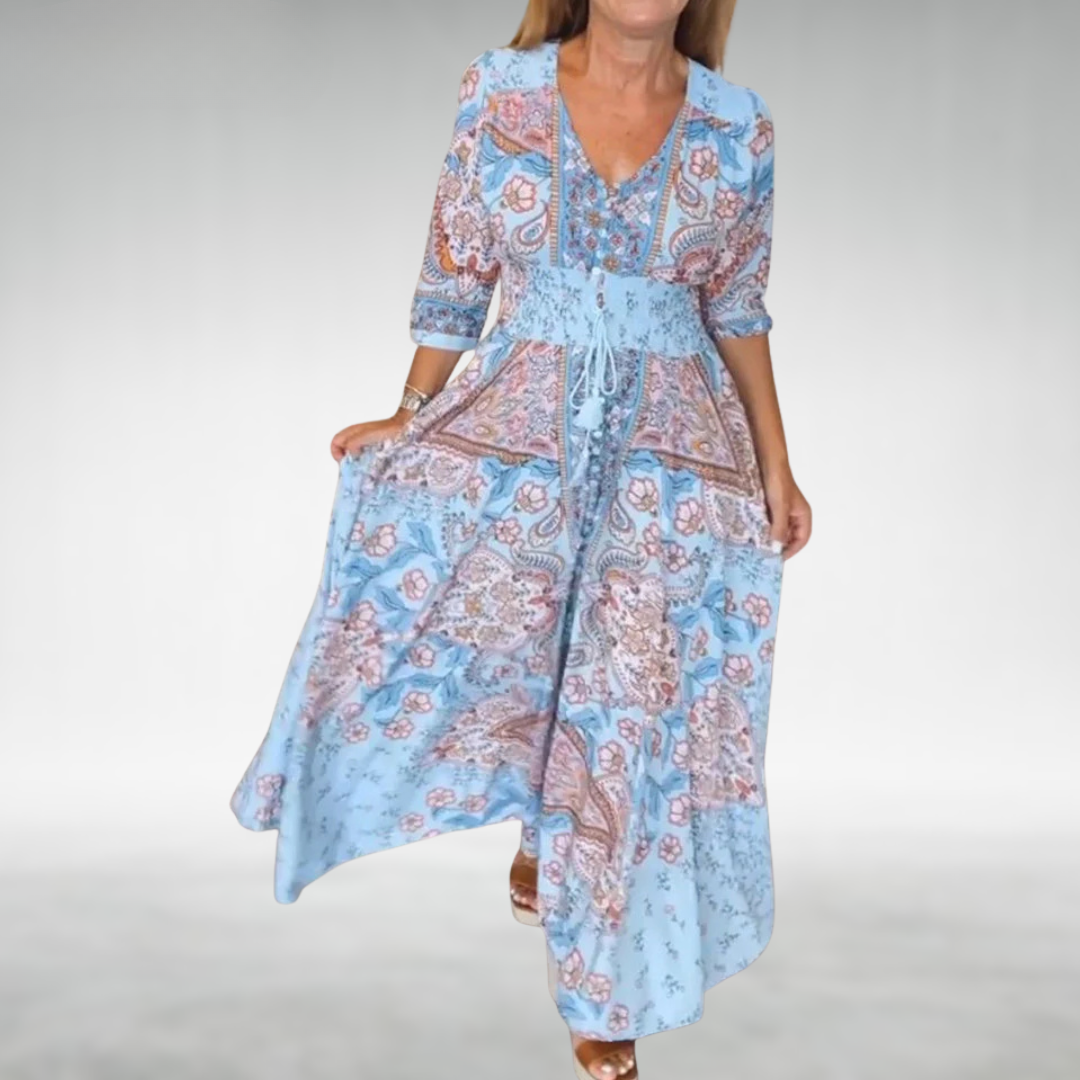 Vestido Maxi Mujer Estilo Bohemio Cuello en V Cintura Elástica