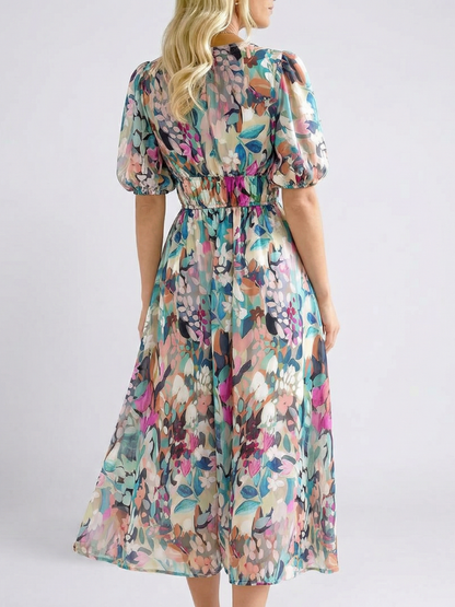 Vestido midi mujer con cuello en V fruncido y estampado floral