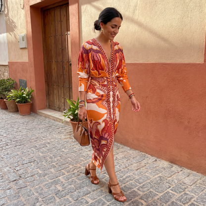 Vestido midi mujer cruzado fluido escote en V