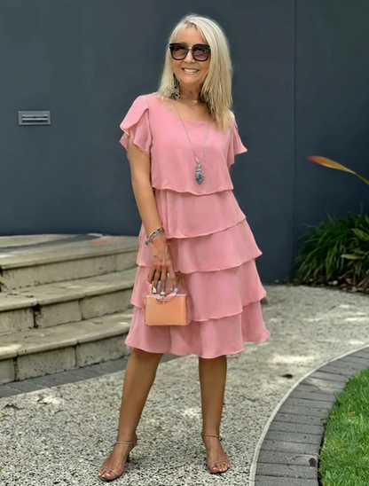 Vestido Midi Mujer con Capas y Mangas Cortas