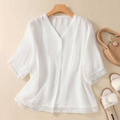 Blusa Mujer Escote en V Botones Detalles de Encaje