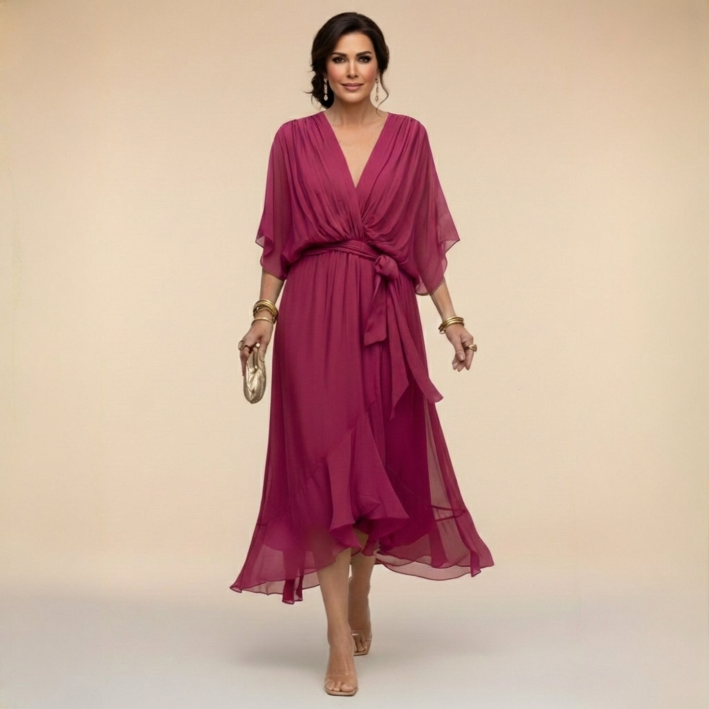 Vestido Midi Mujer Fluido Escote en V Cintura Ajustable