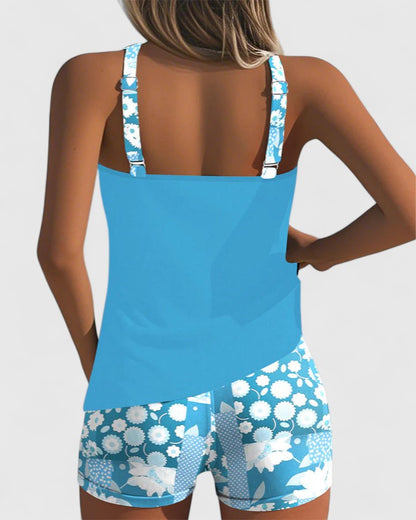 Tankini Mujer Dos Piezas Liso Espalda Nadadora Shorts Deportivos
