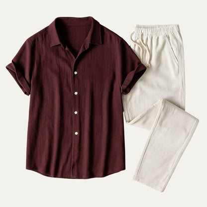 Conjunto Hombre de Lino Camisa Manga Corta Pantalón Cordón - Mavetta