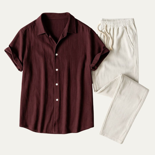 Conjunto Hombre de Lino Camisa Manga Corta Pantalón Cordón - Mavetta