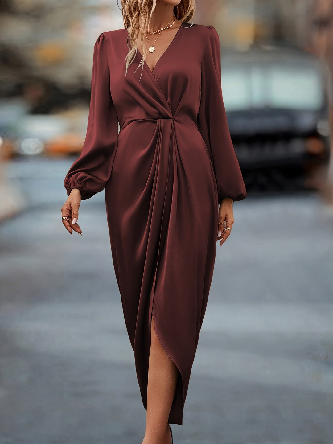 Vestido Midi Mujer Cruzado de Manga Larga