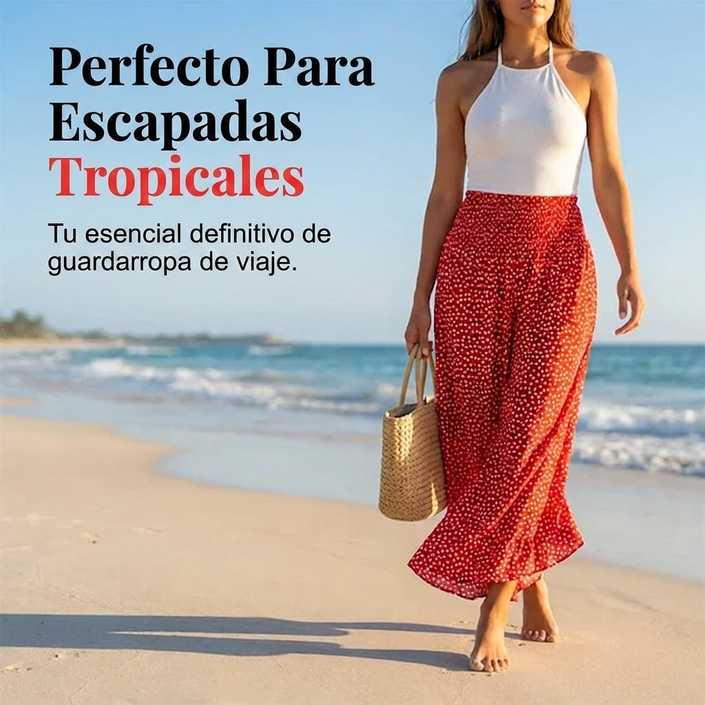 Pantalón Mujer Fluido Estampado Lunares Volante