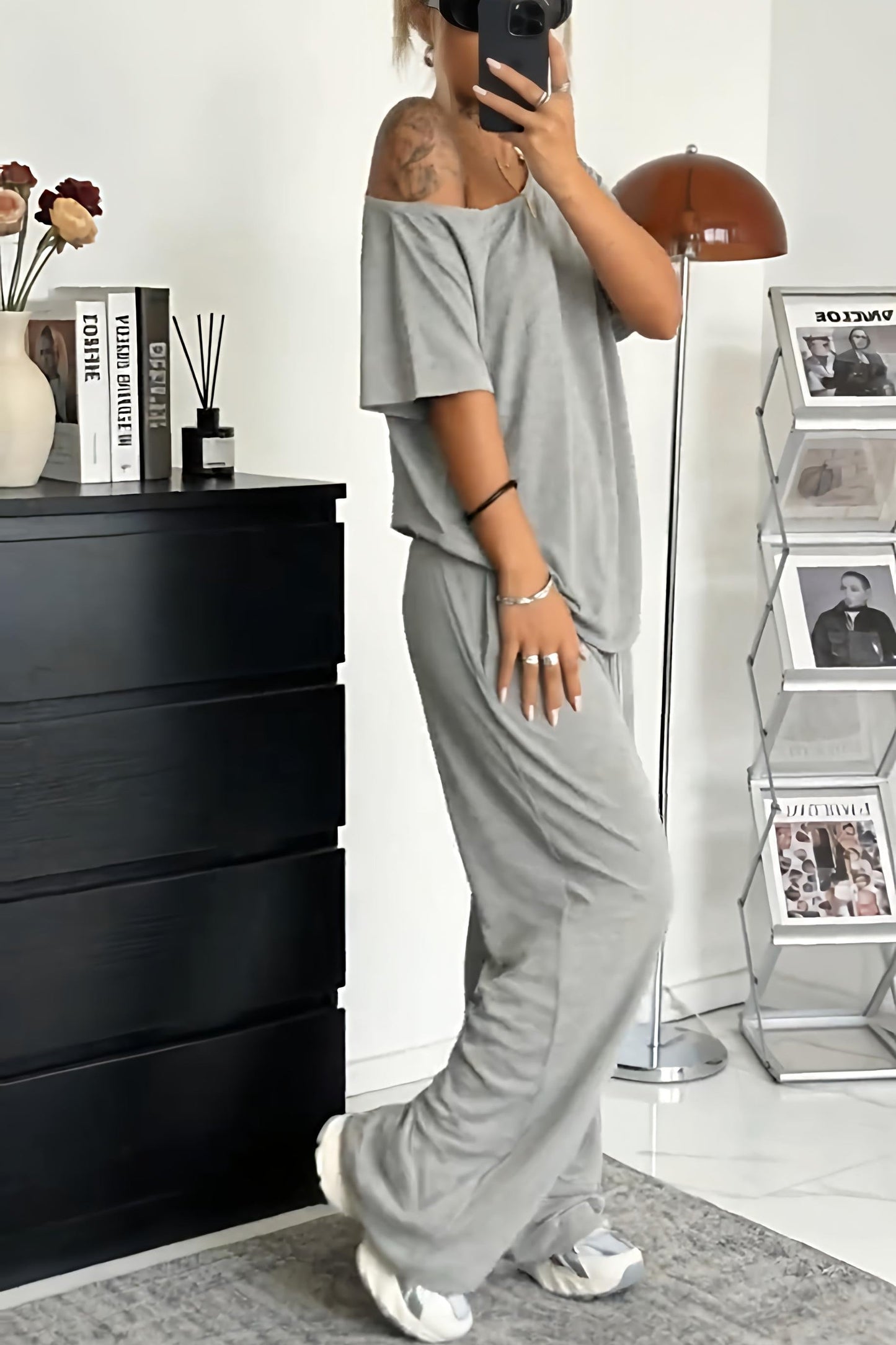 Conjunto mujer pantalón amplio hombro descubierto casual