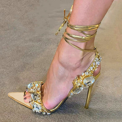 Sandalias Mujer Tacón Fino con Pedrería Descubierta Elegante - Mavetta