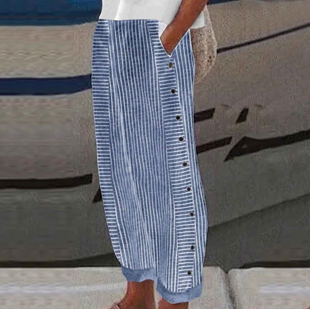 Pantalón recto Mujer con botones laterales y rayas