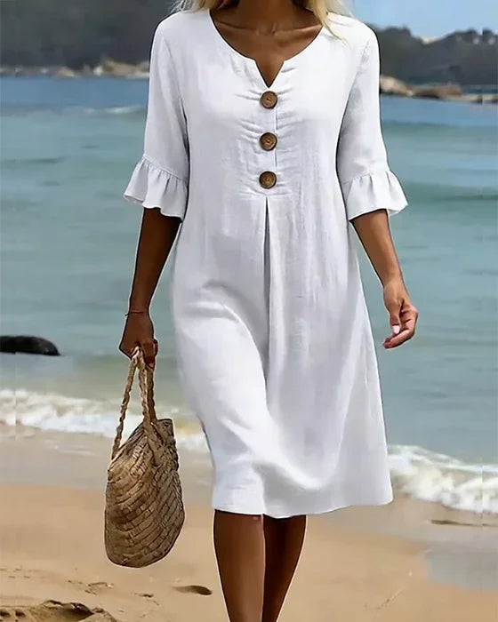 Vestido mujer de lino manga abullonada estilo fresco - Mavetta
