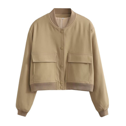 Chaqueta corta mujer con botones hombros acolchados y bolsillo solapa