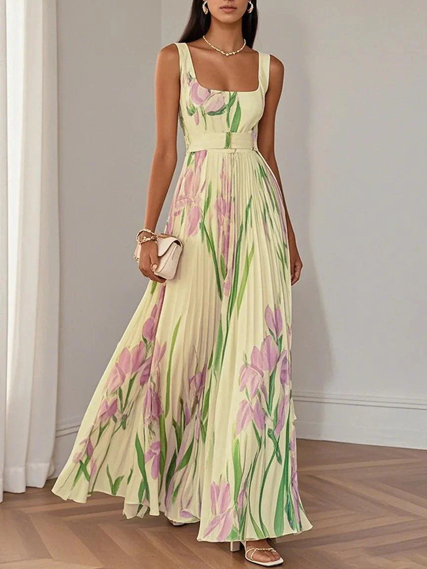Vestido Maxi Mujer Drapeado Flores Estilo Fiesta