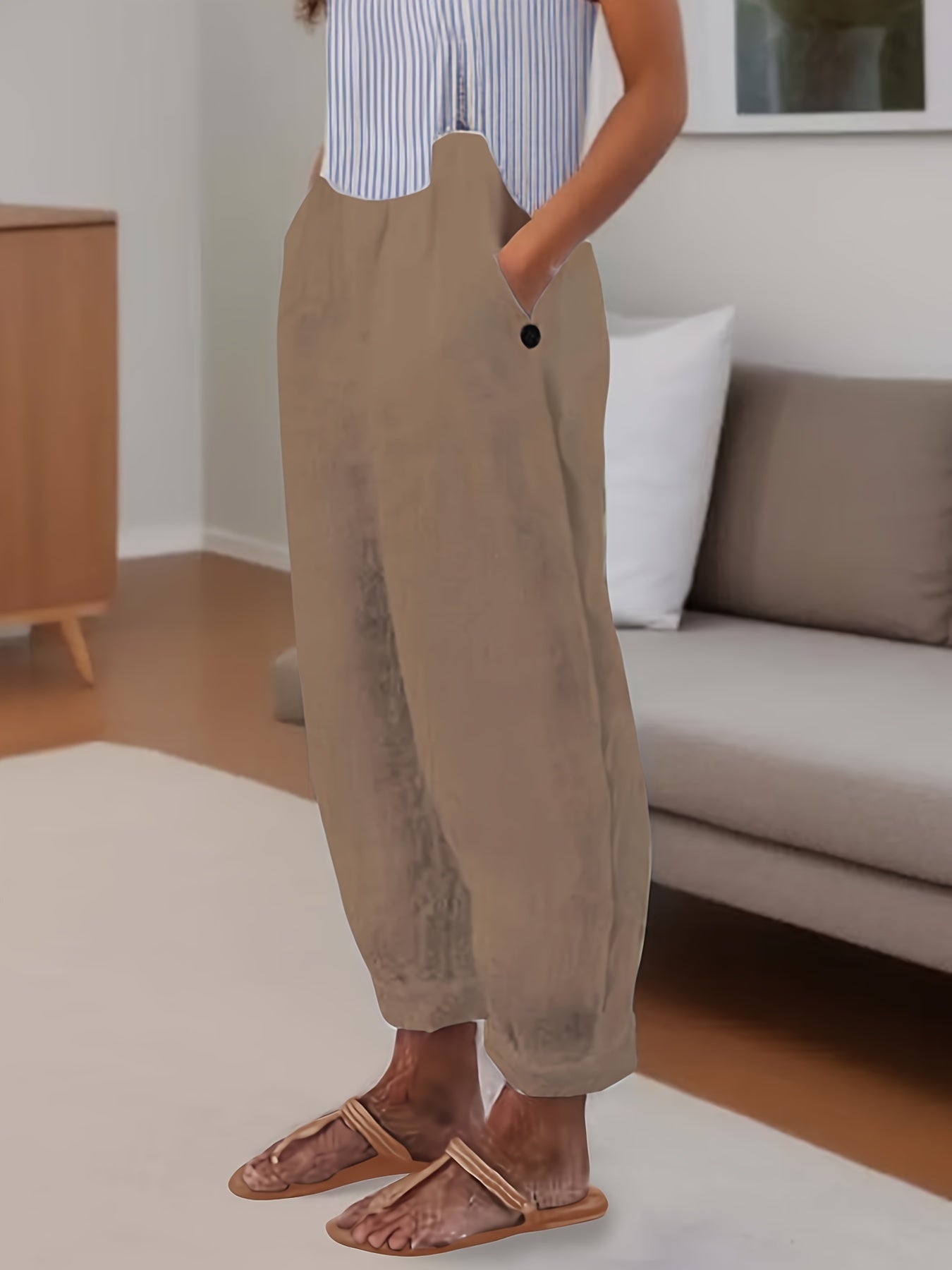 Pantalón Mujer de Lino Talle Alto Corte Relajado