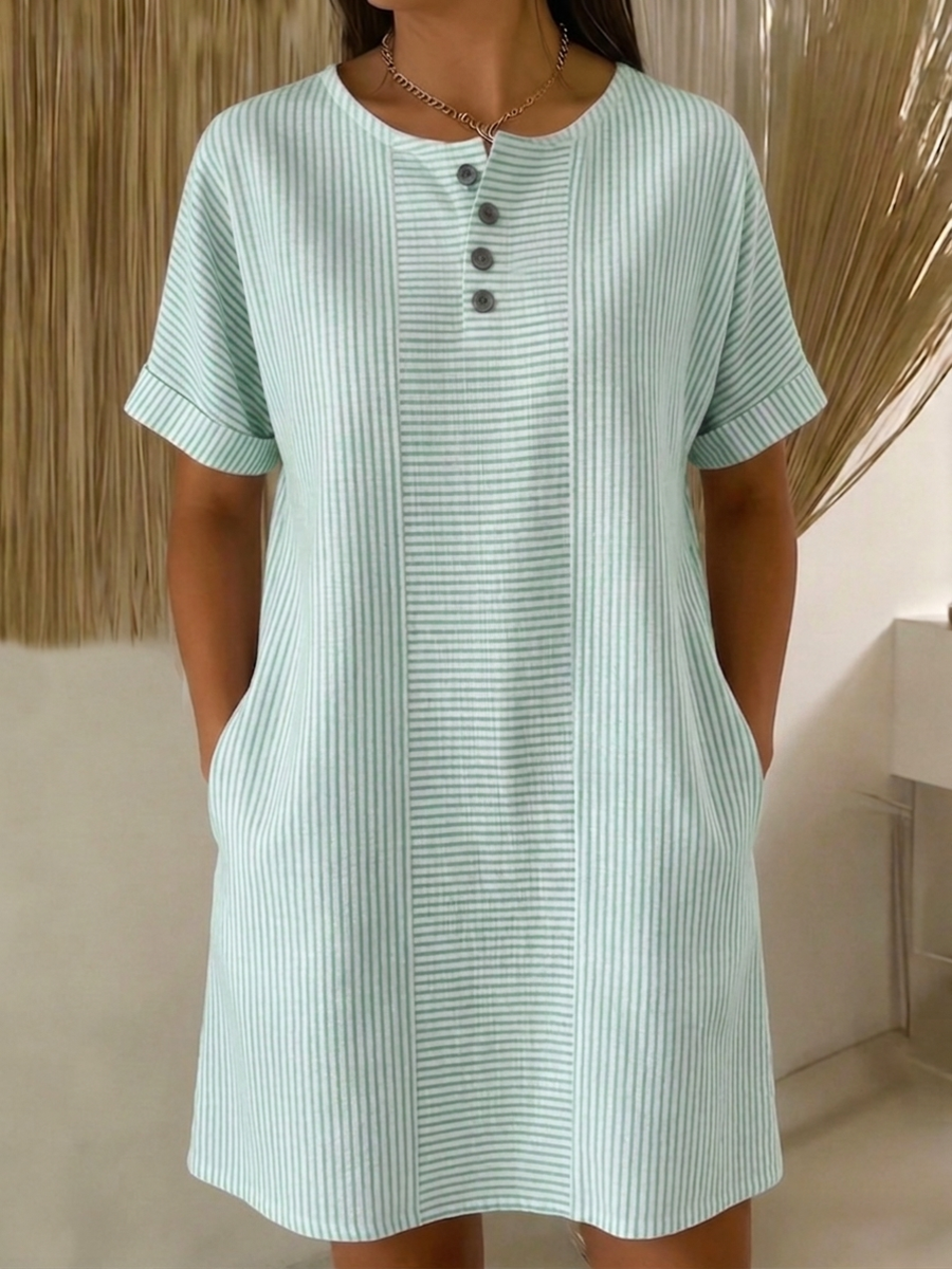 Vestido Mujer Algodón Lino Botones Corte Suelto