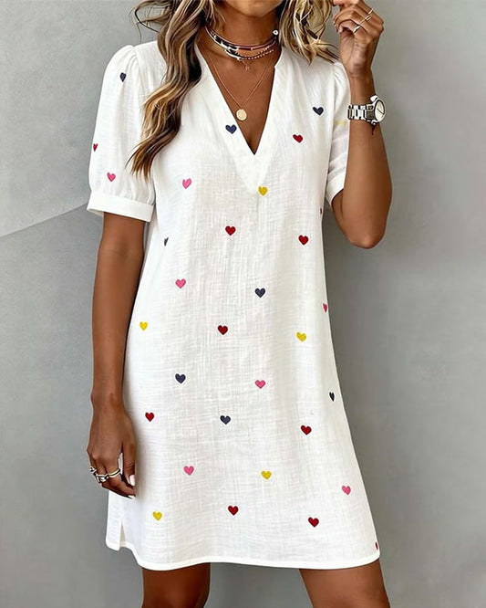 Vestido corto mujer algodón lino escote en V manga abullonada - Mavetta