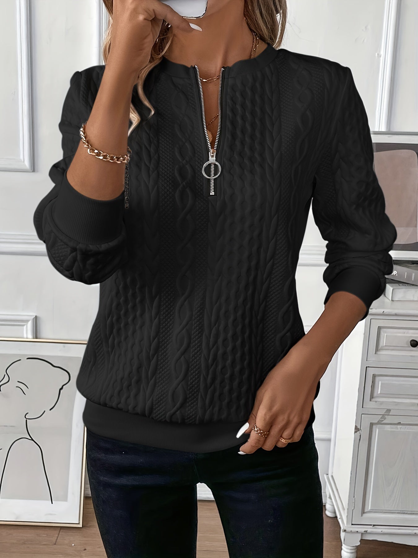 Jersey Mujer de Punto Trenzado con Cremallera Cálido Casual