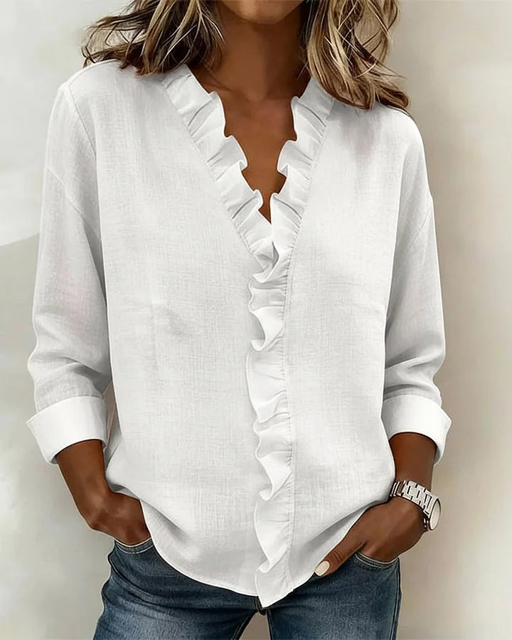 Blusa Mujer de Gasa Cuello en V Volantes Corte Fluido
