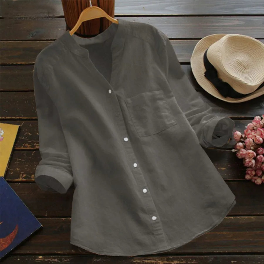 Camisa Mujer con Manga Larga Bolsillo y Cuello Sin Solapa