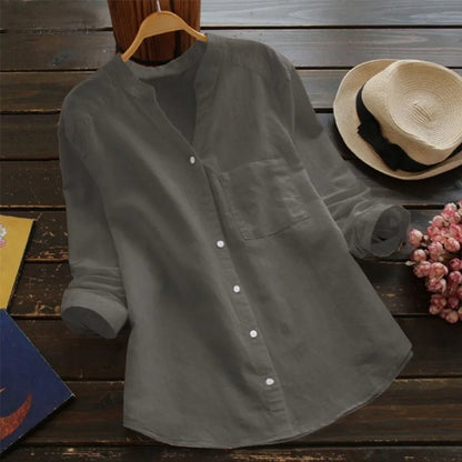 Camisa Mujer con Manga Larga Bolsillo y Cuello Sin Solapa